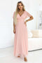 635-7 MELANIA Long Shimmering Dress with Neckline and Short Sleeve - Peach