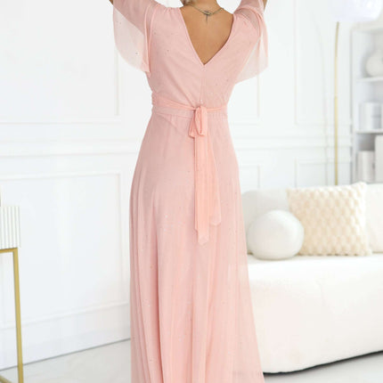 635-7 MELANIA Long Shimmering Dress with Neckline and Short Sleeve - Peach