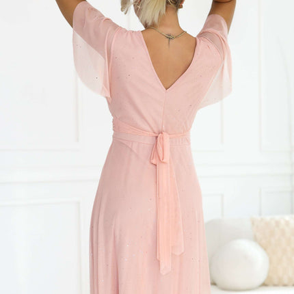 635-7 MELANIA Long Shimmering Dress with Neckline and Short Sleeve - Peach