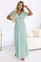 635-8 MELANIA Long Shimmering Dress with Neckline and Short Sleeve - Pistachio