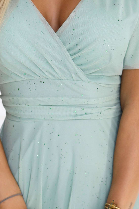 635-8 MELANIA Long Shimmering Dress with Neckline and Short Sleeve - Pistachio