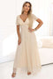 635-9 MELANIA Long Shimmering Wedding Dress with Neckline and Short Sleeve - Beige