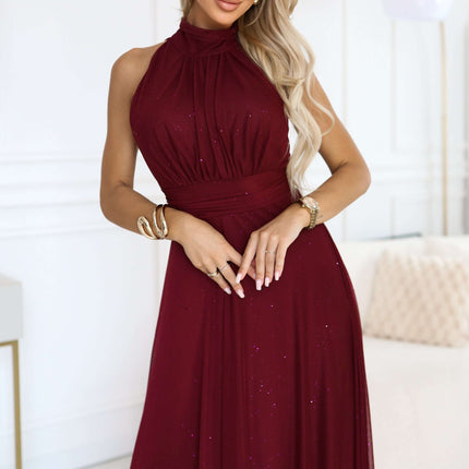 636-1 VERONICA luxurious long dress with a brocade accent and a chic shape - burgundy