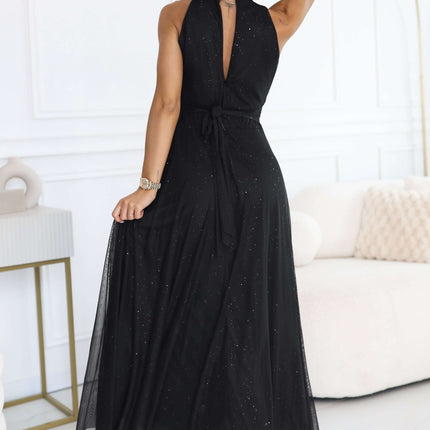 636-3 VERONICA luxurious long dress with a brocade accent and a chic cut - black
