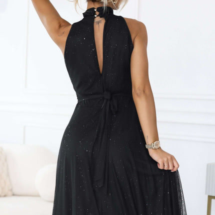 636-3 VERONICA luxurious long dress with a brocade accent and a chic cut - black