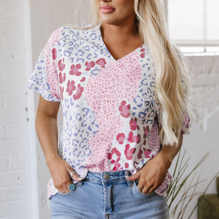 Leopard Print V Neck Short Sleeve Blouse