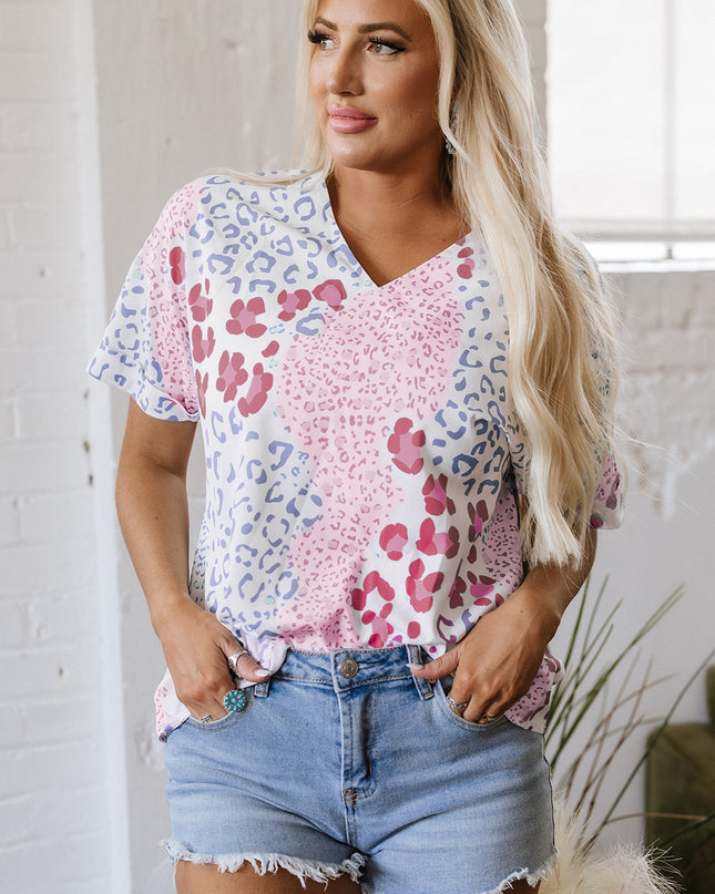 Leopard Print V Neck Short Sleeve Blouse