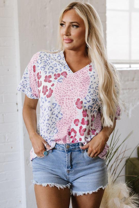 Leopard Print V Neck Short Sleeve Blouse