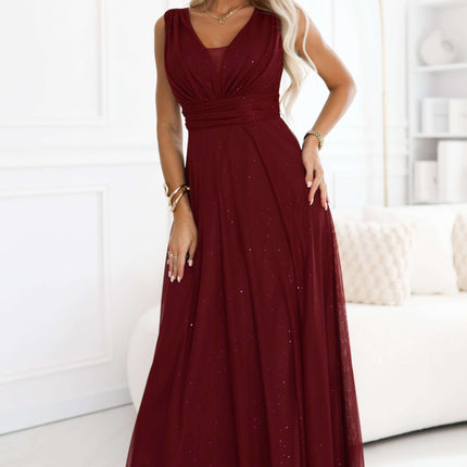 637-1 Long evening dress with a brocade accent and a deep neckline - burgundy