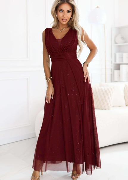 637-1 Long evening dress with a brocade accent and a deep neckline - burgundy