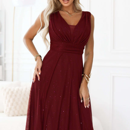 637-1 Long evening dress with a brocade accent and a deep neckline - burgundy