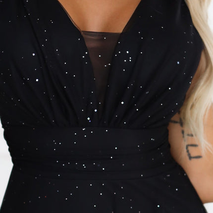 637-2 Long evening dress with a glitter accent and a deep neckline - black