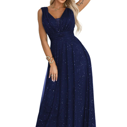 637-3 Long evening dress with a brocade accent and a deep neckline - navy blue