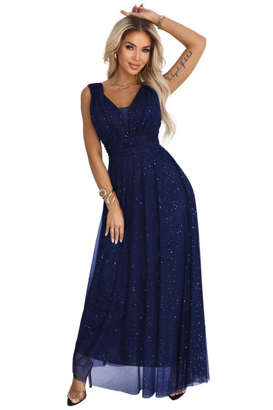 637-3 Long evening dress with a brocade accent and a deep neckline - navy blue