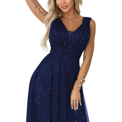 637-3 Long evening dress with a brocade accent and a deep neckline - navy blue