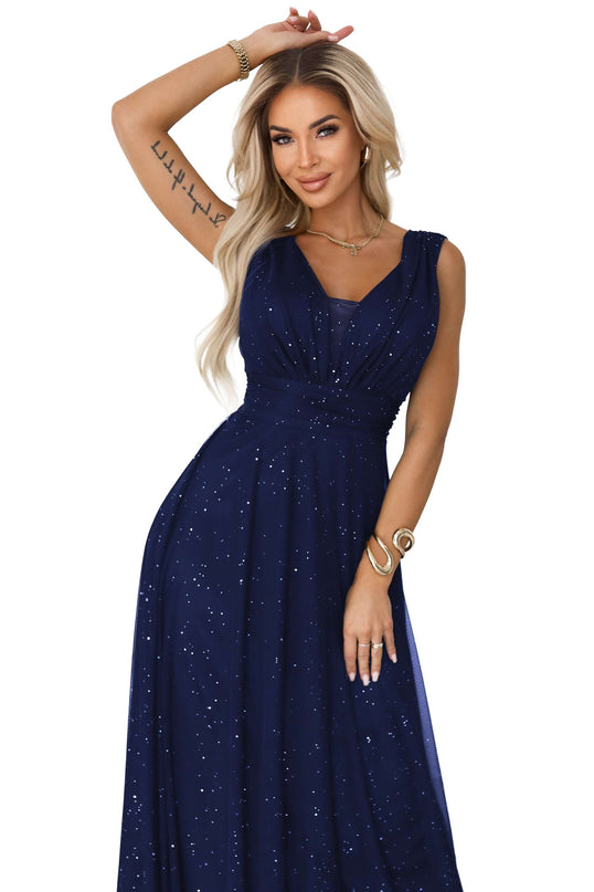 637-3 Long evening dress with a brocade accent and a deep neckline - navy blue