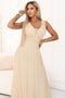 637-4 Long Maxi Dress with Glitter Shimmer and Deep Neckline - Champagne Beige