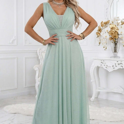 637-5 Long Maxi Dress with Glitter Accent and Deep Neckline - Pistachio
