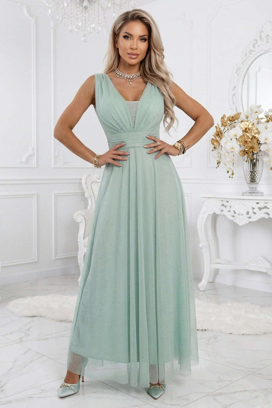 637-5 Long Maxi Dress with Glitter Accent and Deep Neckline - Pistachio