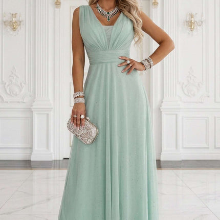 637-5 Long Maxi Dress with Glitter Accent and Deep Neckline - Pistachio