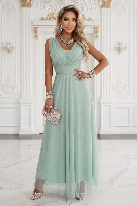 637-5 Long Maxi Dress with Glitter Accent and Deep Neckline - Pistachio