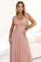 637-7 Long Maxi Dress with Glitter Accent and Deep Neckline - Powder Pink