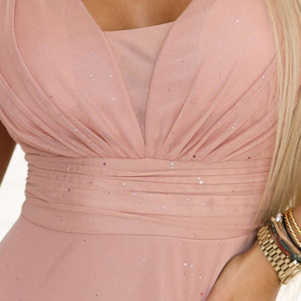 637-7 Long Maxi Dress with Glitter Accent and Deep Neckline - Powder Pink
