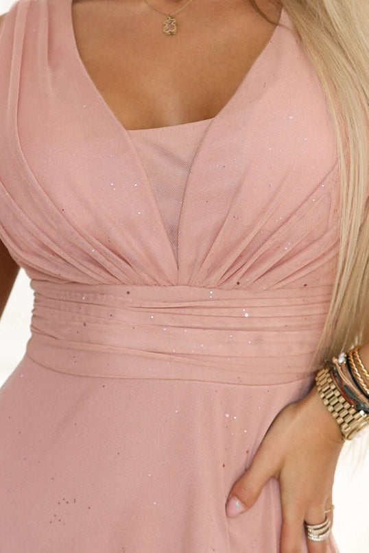 637-7 Long Maxi Dress with Glitter Accent and Deep Neckline - Powder Pink