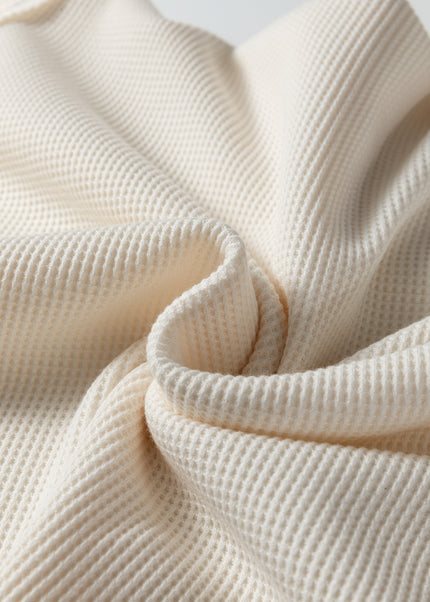 Beige Solid Color Waffle Knit Asymmetric Neck Long Sleeve Top