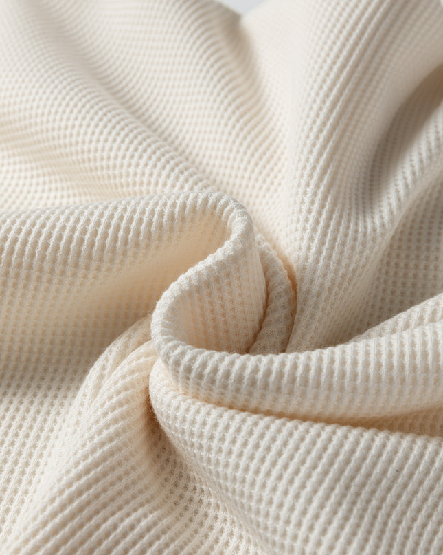 Beige Solid Color Waffle Knit Asymmetric Neck Long Sleeve Top