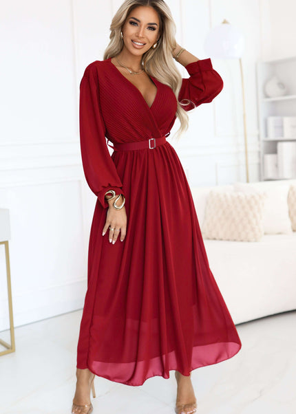 639-1 Elegant pleated maxi dress with a belt and a wrap neckline - burgundy