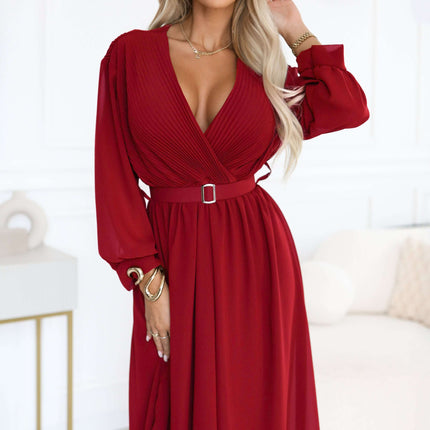 639-1 Elegant pleated maxi dress with a belt and a wrap neckline - burgundy