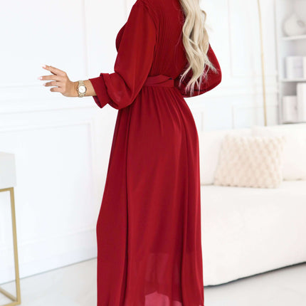 639-1 Elegant pleated maxi dress with a belt and a wrap neckline - burgundy
