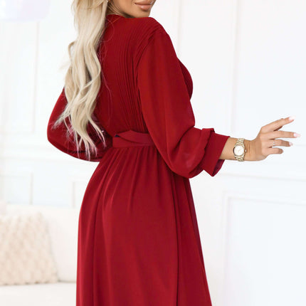 639-1 Elegant pleated maxi dress with a belt and a wrap neckline - burgundy