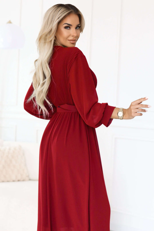 639-1 Elegant pleated maxi dress with a belt and a wrap neckline - burgundy