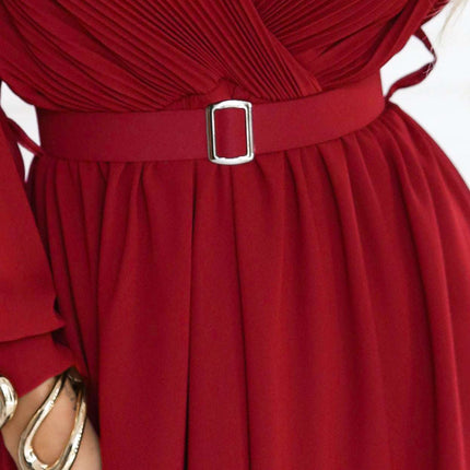 639-1 Elegant pleated maxi dress with a belt and a wrap neckline - burgundy