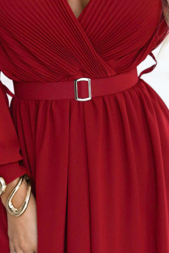 639-1 Elegant pleated maxi dress with a belt and a wrap neckline - burgundy