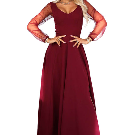 640-1 LORETTA unique long dress with tulle sleeves and neckline - burgundy