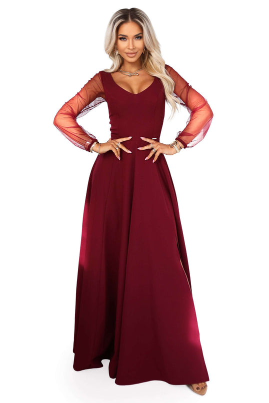 640-1 LORETTA unique long dress with tulle sleeves and neckline - burgundy