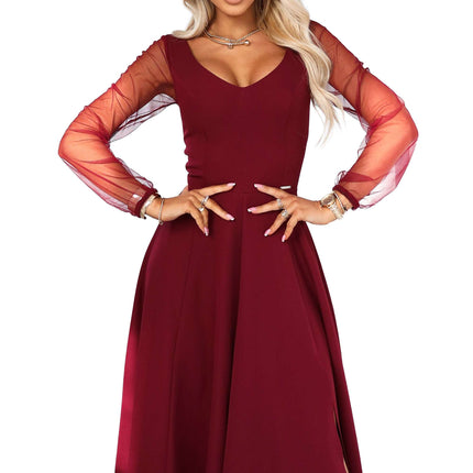 640-1 LORETTA unique long dress with tulle sleeves and neckline - burgundy