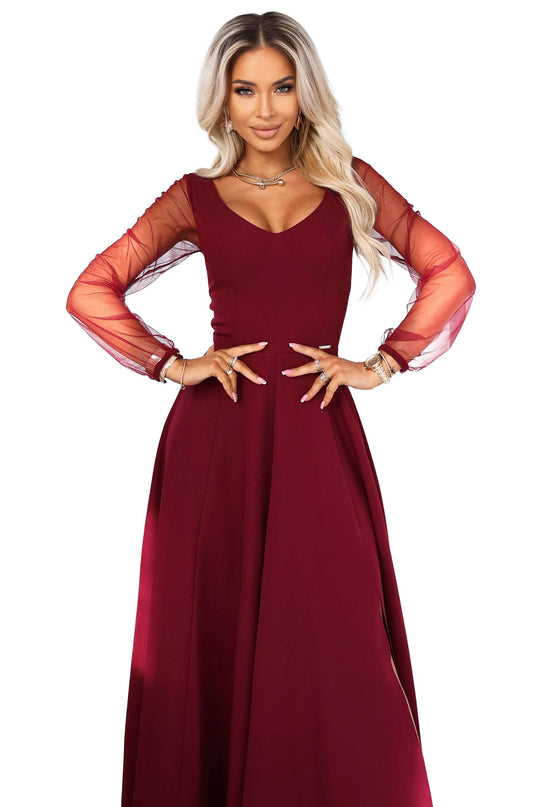 640-1 LORETTA unique long dress with tulle sleeves and neckline - burgundy