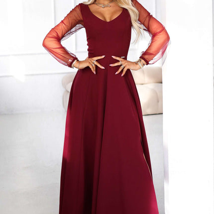 640-1 LORETTA unique long dress with tulle sleeves and neckline - burgundy