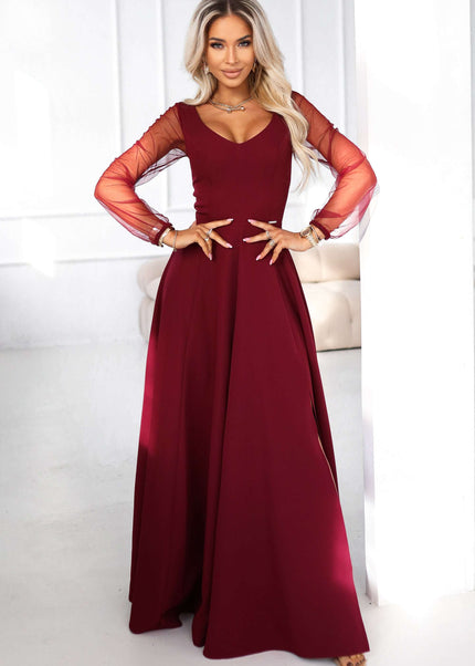 640-1 LORETTA unique long dress with tulle sleeves and neckline - burgundy