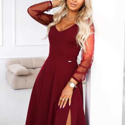 640-1 LORETTA unique long dress with tulle sleeves and neckline - burgundy
