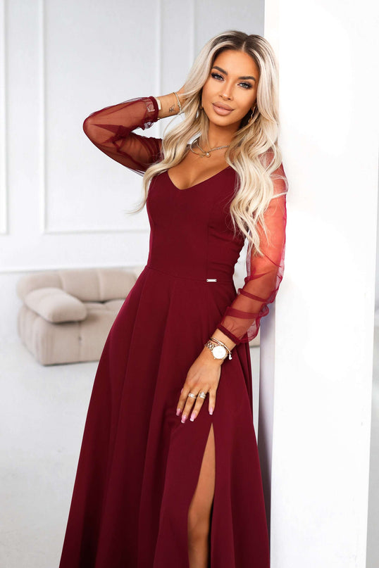 640-1 LORETTA unique long dress with tulle sleeves and neckline - burgundy
