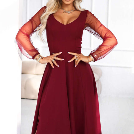 640-1 LORETTA unique long dress with tulle sleeves and neckline - burgundy