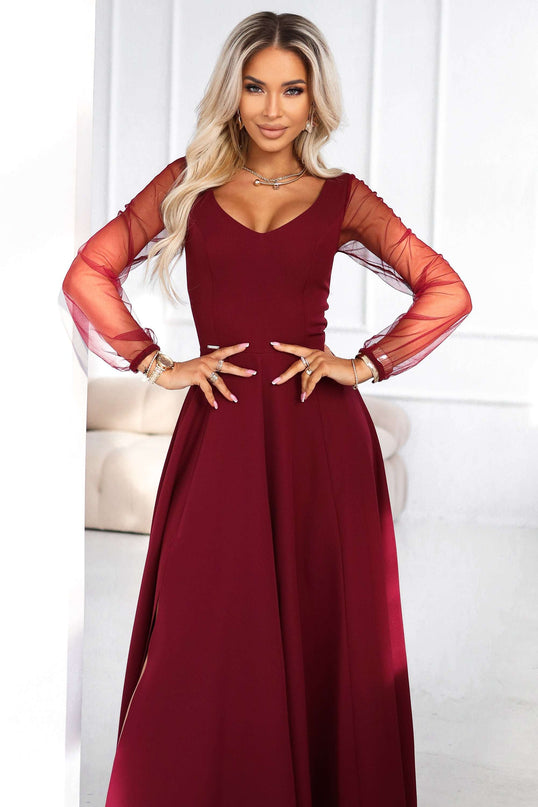 640-1 LORETTA unique long dress with tulle sleeves and neckline - burgundy