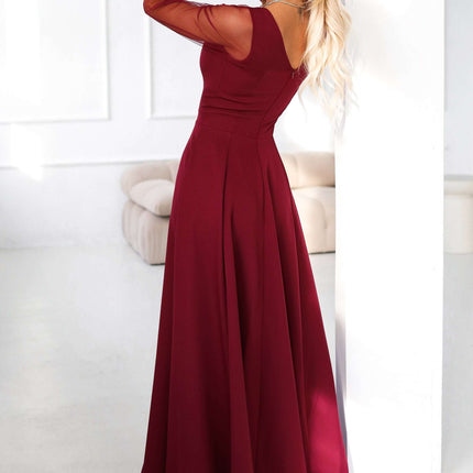 640-1 LORETTA unique long dress with tulle sleeves and neckline - burgundy