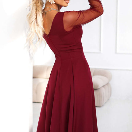 640-1 LORETTA unique long dress with tulle sleeves and neckline - burgundy