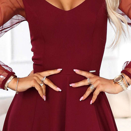640-1 LORETTA unique long dress with tulle sleeves and neckline - burgundy